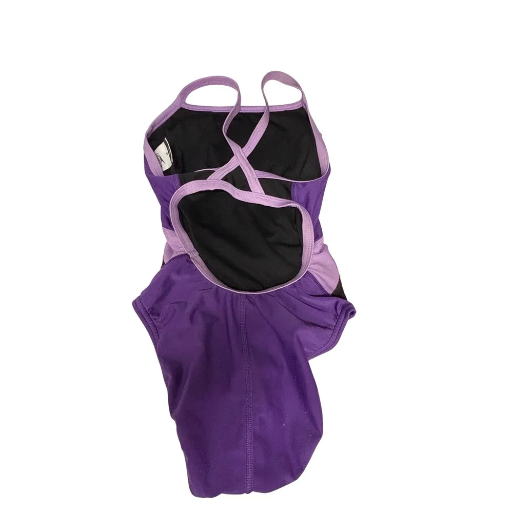 Speedo Pro LT Womens One Piece Swimsuit Black Purple Crossback Training Size 28